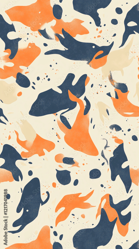 Naklejka premium Abstract Swirls: An organic and dynamic pattern of abstract swirls in shades of blue, orange, and cream, with a seamless and repeating design. 
