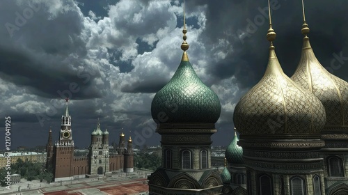 Moscow Cathedral Domes, Stormy Sky, Red Square View, Travel Poster