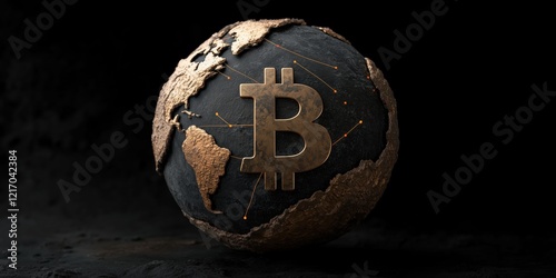 Symbolizing global finance with a 3D representation of Bitcoin on a textured globe at night