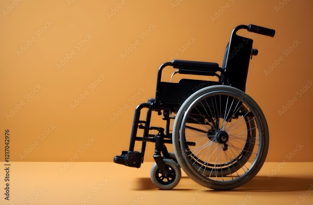 Modern wheelchair on orange background with copy space . Disabled, mobility problem Modern wheelchair on orange background with copy space . Disabled, mobility problem