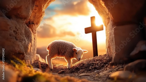 A lamb gazing at a cross during a serene sunrise encapsulates the beauty of faith, hope, and the tranquility found in nature's early light confirming new beginnings. photo