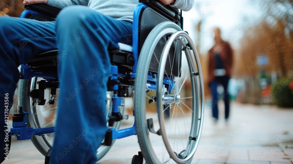 Obraz premium A close-up view of a wheelchair on a city sidewalk, emphasizing mobility challenges and the importance of accessibility in urban environments.