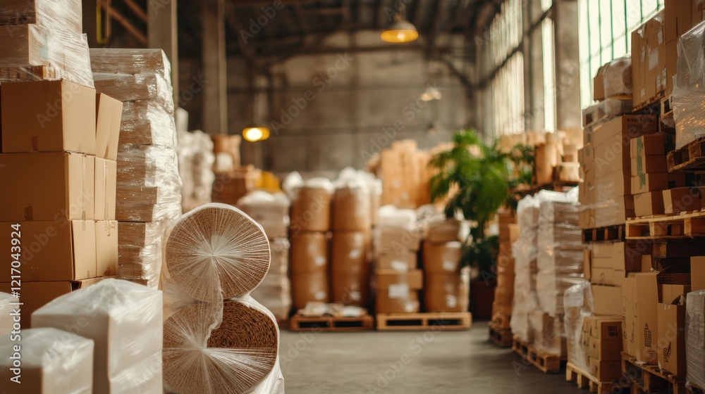Fototapeta premium Organized Warehouse Interior with Stacked Boxes and Packages