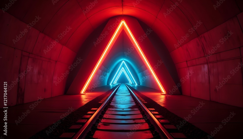 Obraz premium Neon Triangle Tunnel: Red and Blue Glowing Lights on Railroad Tracks