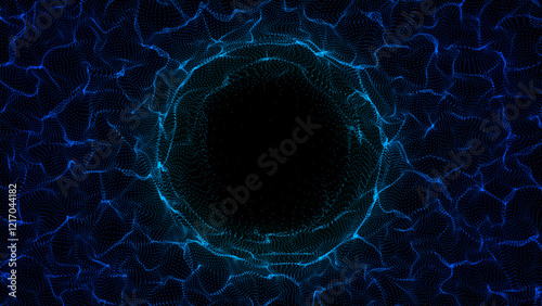 Abstract blue sphere in the wave on black background. Wormhole or speed tunnel technology. Wireframe circle structure with glowing particles. Futuristic digital illustration. 3D rendering.