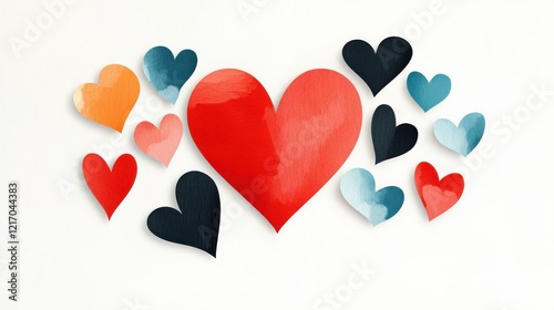 A playful cluster of hearts in different colors displayed on a light background, symbolizing love and affection, perfect for any romantic occasion's visuals.