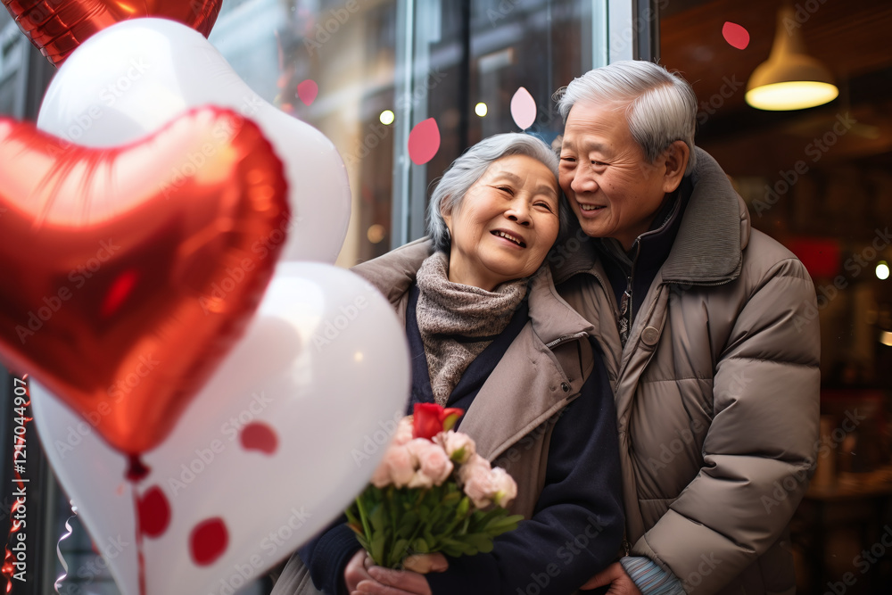 Happy mature man and woman. Celebrating Valentine's Day. Man gives his beloved woman a bouquet of red roses, red heart-shaped balloons. Woman hugs him tenderly. Romantic evening together.
