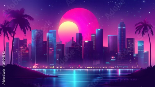 Neon Cityscape at Sunset Palm Trees Frame Vibrant Skyline