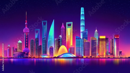 Vibrant Shanghai Skyline at Night Illuminating Cityscape