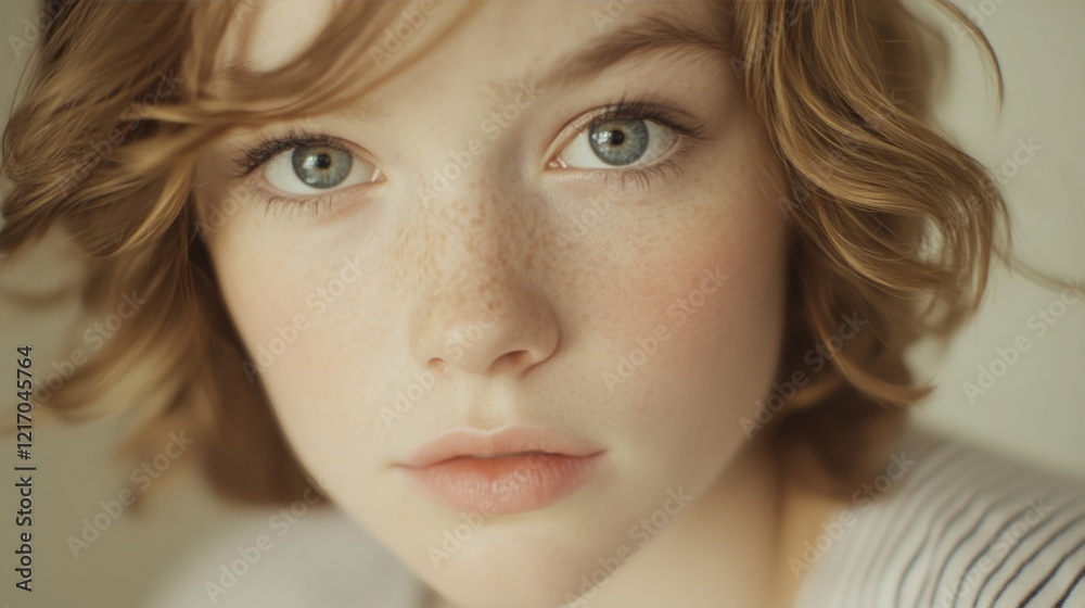 Naklejka premium Close-up portrait of a young girl with curly hair and freckles, soft lighting, serene expression