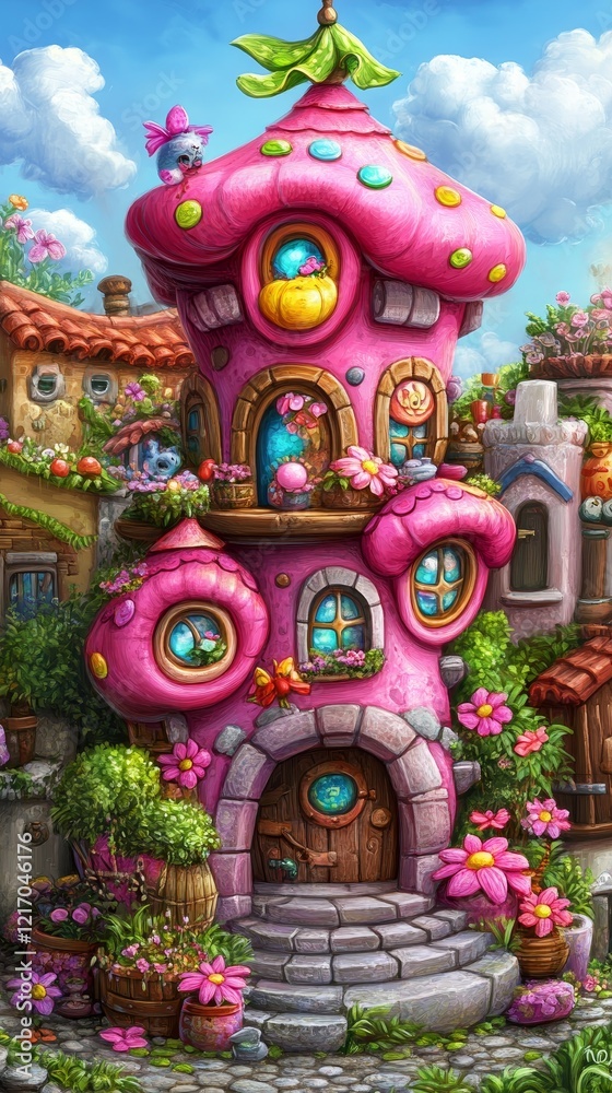 Fototapeta premium Whimsical Pink Mushroom House in a Fantasy Village Setting