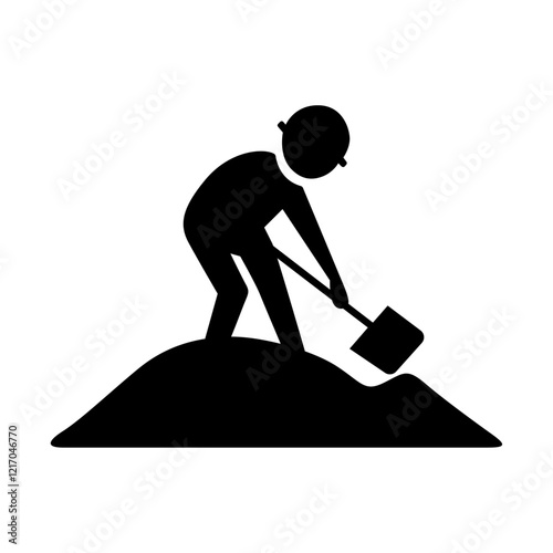 Worker Silhouette Digging with Shovel on a Pile of Soil