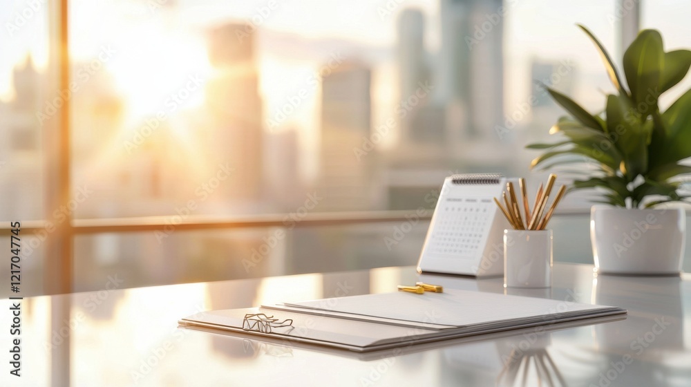 Fototapeta premium Minimalist Modern Office Workspace with City View and Natural Light