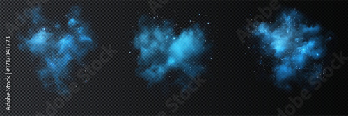 realistic fog and smoke effect with flowing blue mist, swirling vapor, and abstract texture. Perfect for magic visuals, atmospheric backgrounds, chemical concepts, and dreamy motion designs. Vector 