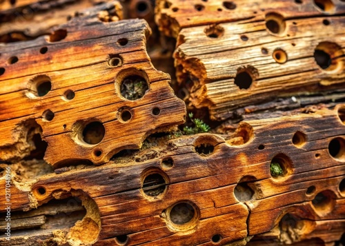 Panoramic View of Woodworm Infestation Damage - Tarlo del Legno Xylophagous Insect