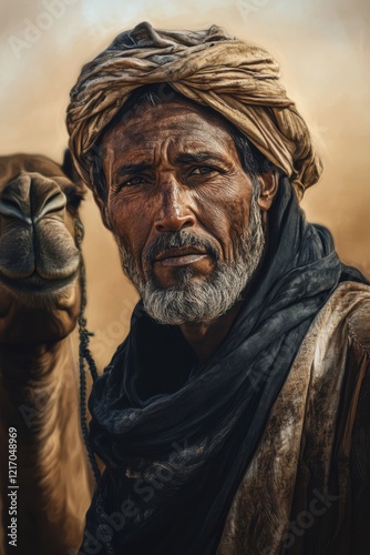 Djibouti camel herder smiling, wearing traditional nomadic attire, standing in sandy landscape, cultural heritage photo