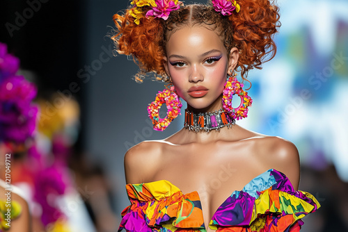 A confident black woman with donut earrings and hair in pigtails walks the runway at a fashion show. The stylish model radiating youthful energy and fun