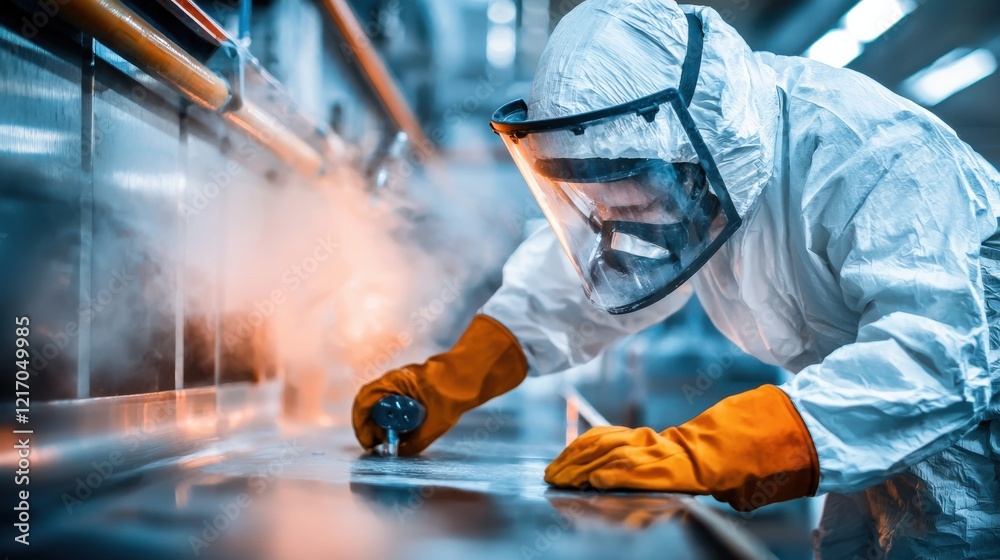 Hazardous Environment Worker in Protective Gear Spraying Fumes and Mist in Factory or Laboratory Hazardous Environment Worker in Protective Gear Spraying Fumes and Mist in Factory or Laboratory