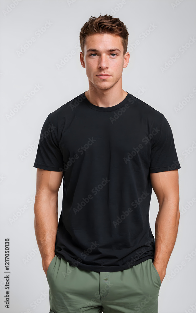 Obraz premium A man wearing a black t-shirt and green pants.