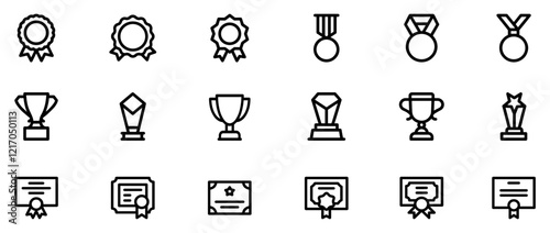 Set of winning award and prize icons, trophy reward, victory trophy signs depicting an award, victory cup achievement, winner medal. Vector Illustration. EPS 10