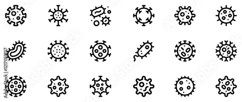 Bacteria, virus icon set. A set of line icons related to infectious diseases. Covid, tb, pox, HIV, malaria, dengue, Zika, cough, handwash, social distancing, flu, and so on. Vector Illustration. EPS 1