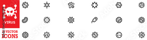 Bacteria, virus icon set. A set of line icons related to infectious diseases. Covid, tb, pox, HIV, malaria, dengue, Zika, cough, handwash, social distancing, flu, and so on. Vector Illustration. EPS 1