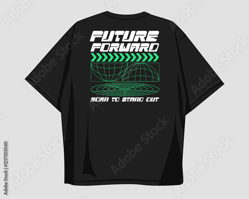 Geometry brutalism t shirt design vector, merch design for print. Streetwear graphic t-shirt. Futurism clothing design for print on demand. Brutalist vector for tees