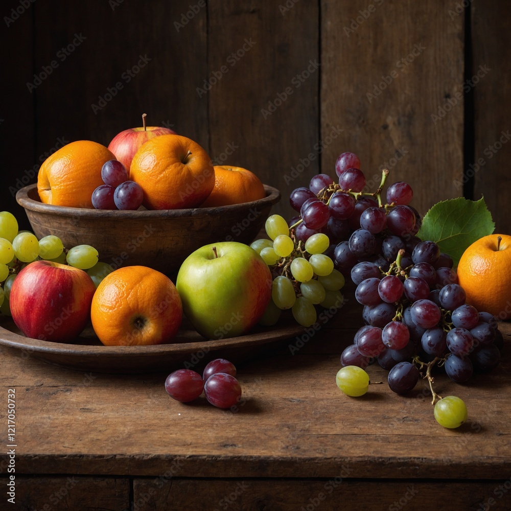 A vibrant still life of apples, oranges, and grapes on a rustic wooden table. A vibrant still life of apples, oranges, and grapes on a rustic wooden table.
