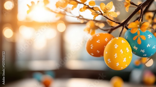 Brightly colored Easter eggs gracefully dangle from branches, interspersed with yellow blossoms, symbolizing spring's arrival and the joy of seasonal celebration. photo