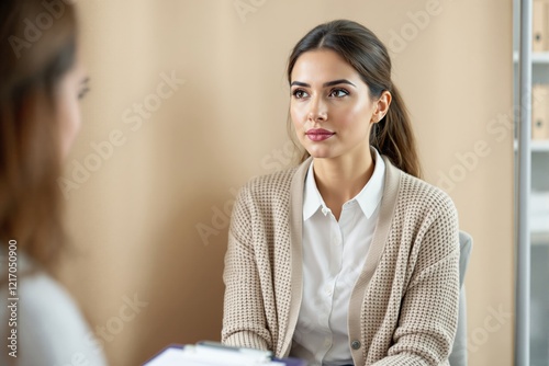 Woman attentively listening to another person during a conversation in a professional setting. photo