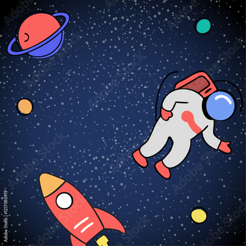 Astronaut is flying in space galaxy cosmos with planets rocket and stars. Exploring missions with no gravity