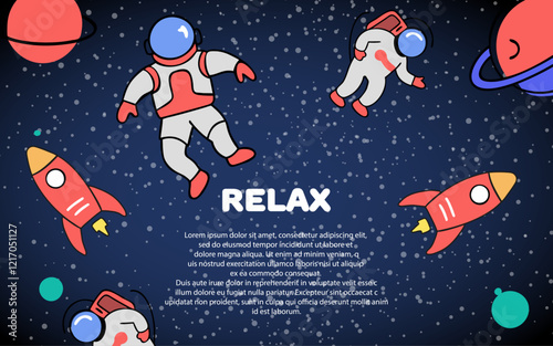 Astronauts and rockets fly in space galaxy cosmos with planets and stars. Exploring missions with no gravity