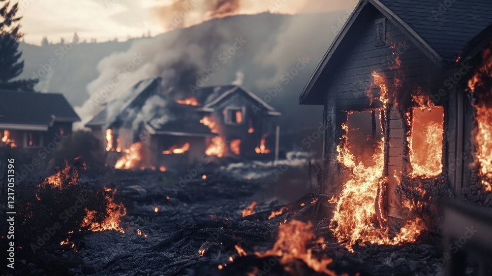 Obraz premium A residential building engulfed in flames amidst an open landscape