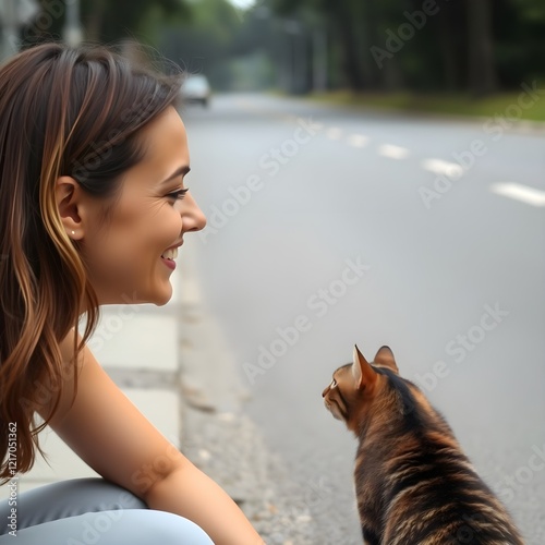 Una mujer mira a un gato al costado de la carretera con ojos amorosos, ella es feliz photo