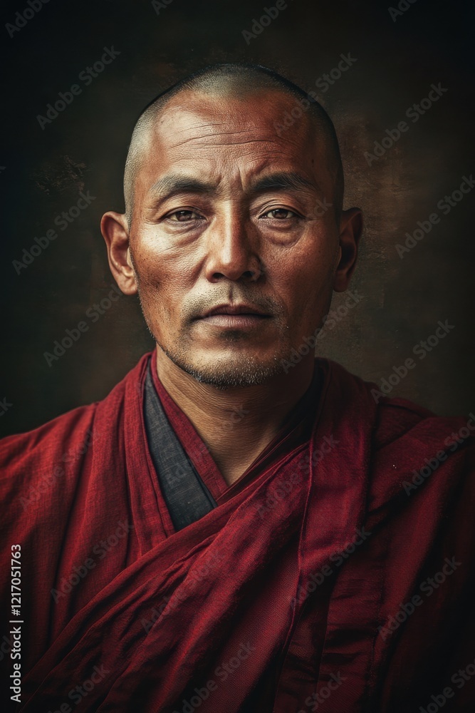 Bhutanese monk praying in traditional red robes, serene monastery background, spiritual contemplation Bhutanese monk praying in traditional red robes, serene monastery background, spiritual contemplation