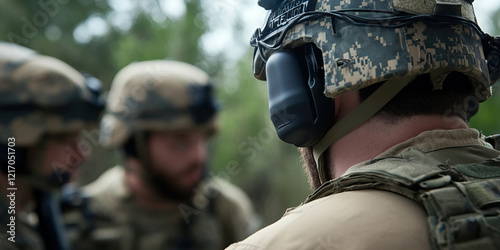 Soldier in Camouflage Helmet with Communication Device photo