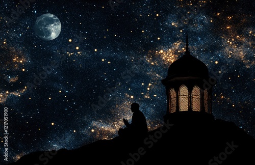 Wallpaper Mural Ramadan, night sky with stars and moon, Arabic lantern in the foreground on top of a hill, silhouette of a Muslim man sitting and praying inside an old mosque Torontodigital.ca