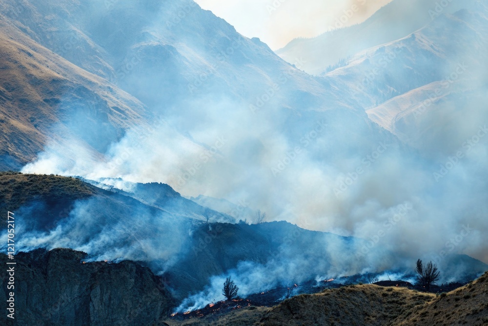 A large cloud of smoke rises from the top of a mountain, with dense forest surrounding it A large cloud of smoke rises from the top of a mountain, with dense forest surrounding it