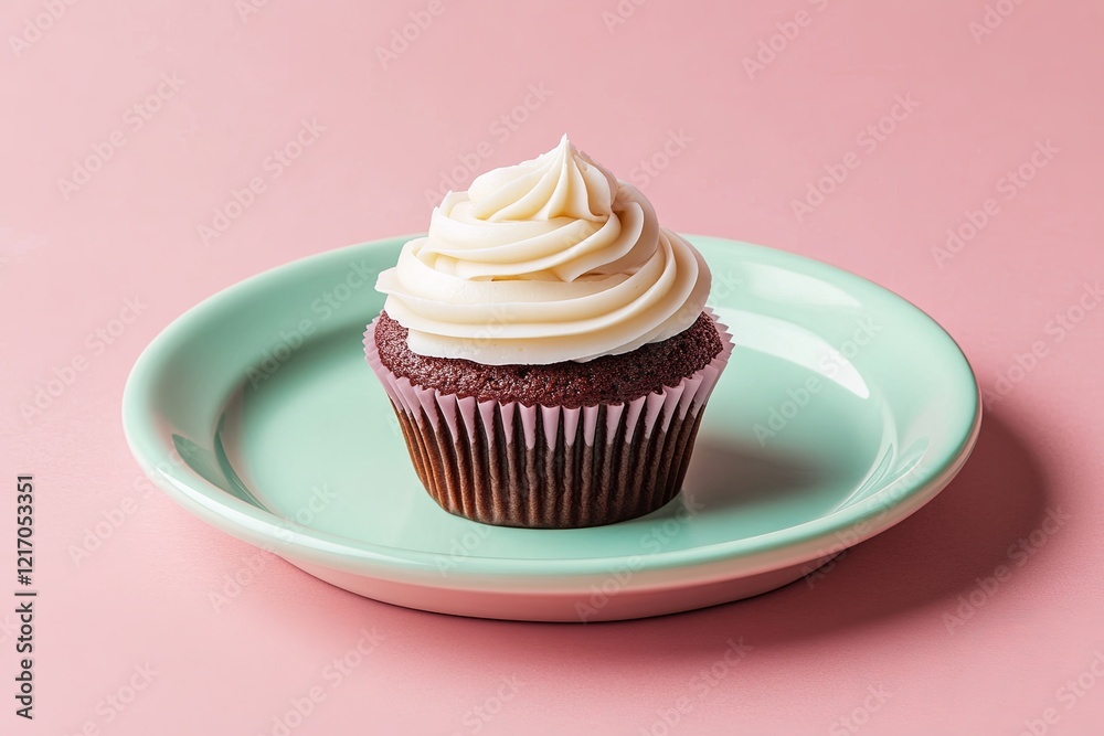A single cupcake with elegant frosting styled on a pastel plate. picture A single cupcake with elegant frosting styled on a pastel plate. picture