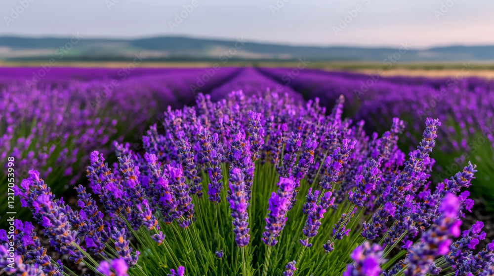 Fototapeta premium Fields of blooming lavender stretch under a vibrant sky at sunset
