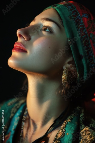 Georgian polyphonic singer performing traditional song, dramatic lighting, cultural attire, musical heritage photo