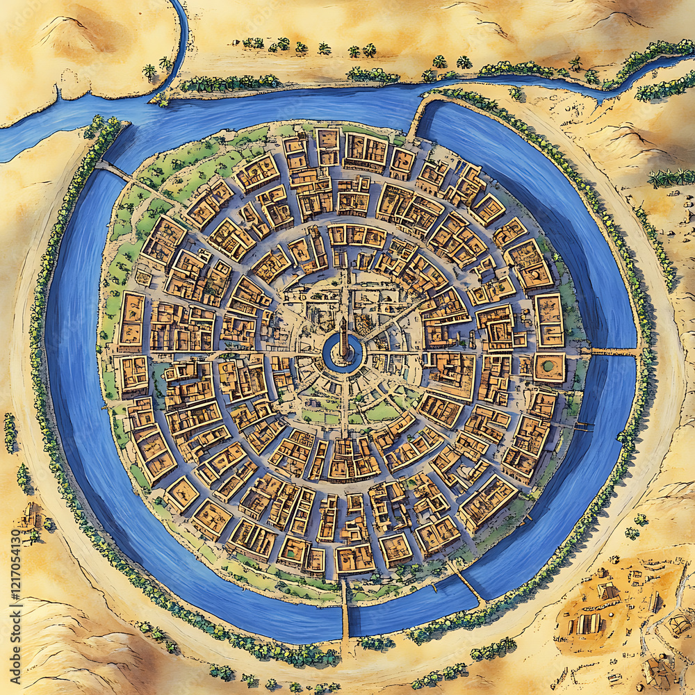 Fototapeta premium Aerial View of an Ancient Circular City Surrounded by a River