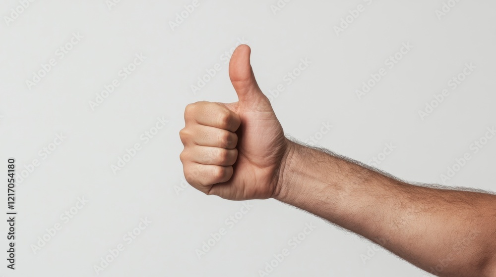 Close-up of a human hand giving a thumbs up gesture against a neutral background Close-up of a human hand giving a thumbs up gesture against a neutral background