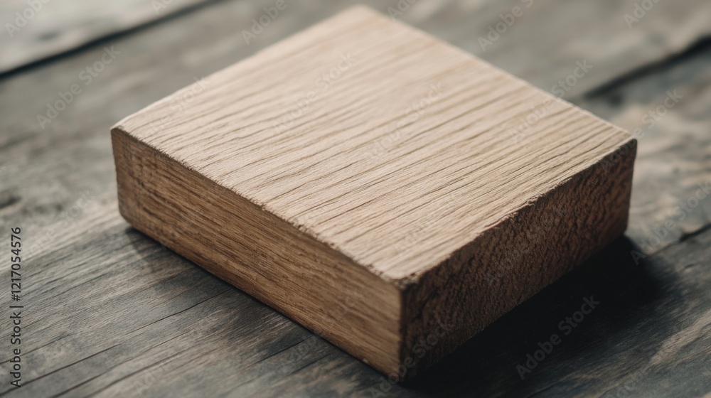 Close-up view of a wooden block resting on a rustic wooden surface, showcasing natural textures Close-up view of a wooden block resting on a rustic wooden surface, showcasing natural textures