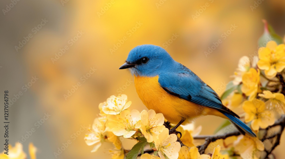 Obraz premium Vibrant blue bird perched on blooming golden flowers in springtime