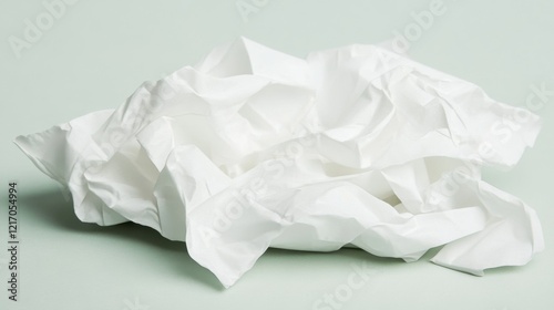 Crumpled white paper on a soft green background, symbolizing waste and minimalism photo