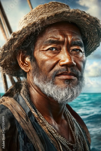 Kiribati navigator gazing out at sea, traditional maritime accessories, soft ocean lighting, vast ocean backdrop, Pacific Island seafaring heritage photo