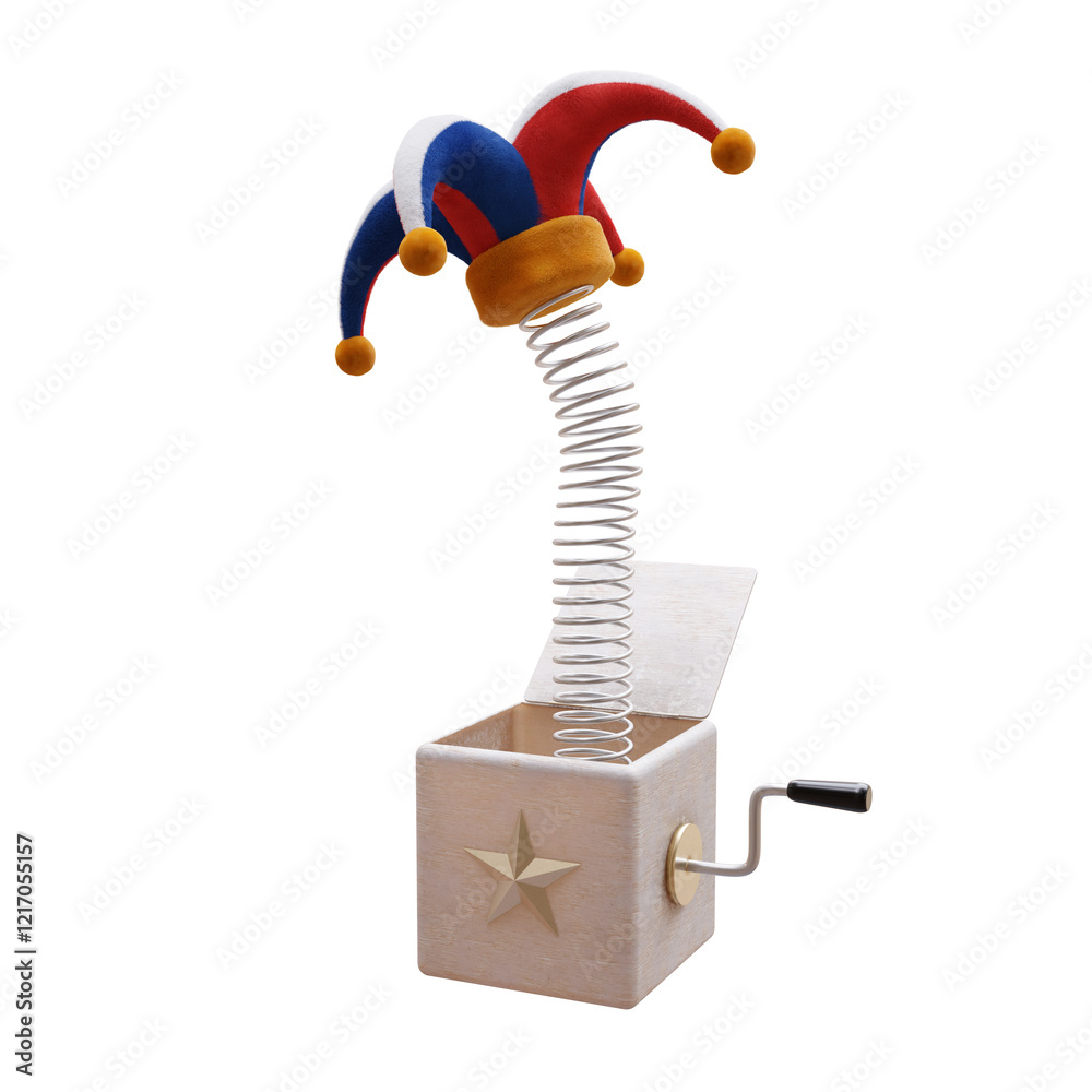 Fools hat on a spring out of a box isolated on white, transparent, April fools day joke