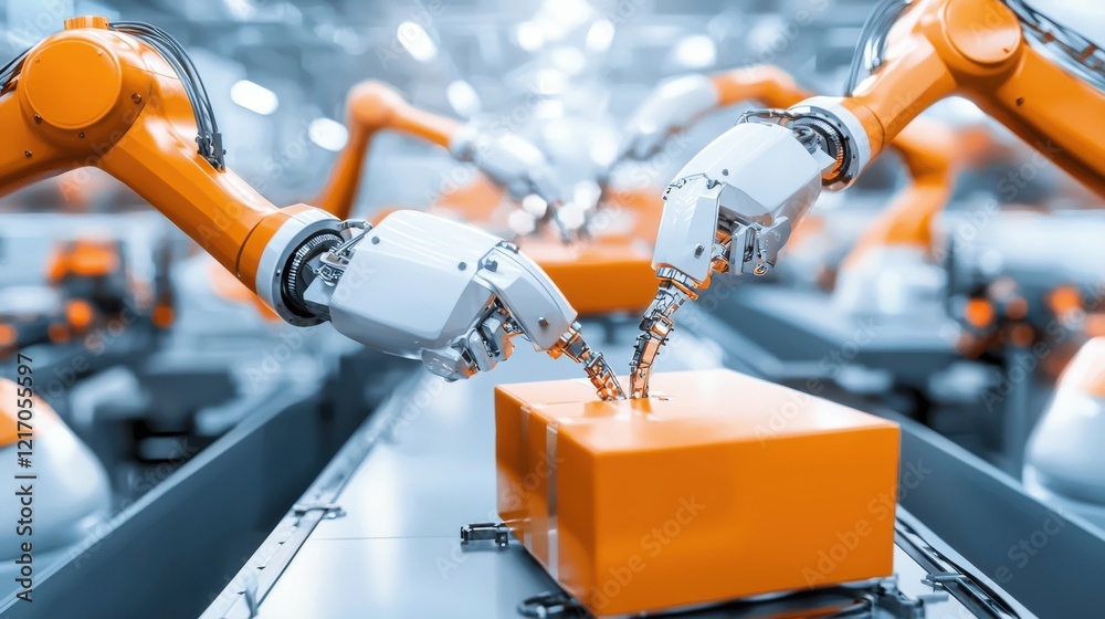 Metallic Robotic Arms Performing Precise Industrial Manufacturing Metallic Robotic Arms Performing Precise Industrial Manufacturing