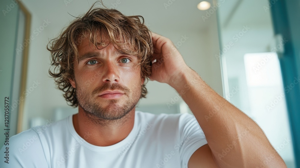 Obraz premium A young man with tousled curly hair poses thoughtfully in a bright bathroom, showcasing a moment of introspection and casual grooming in a modern setting.